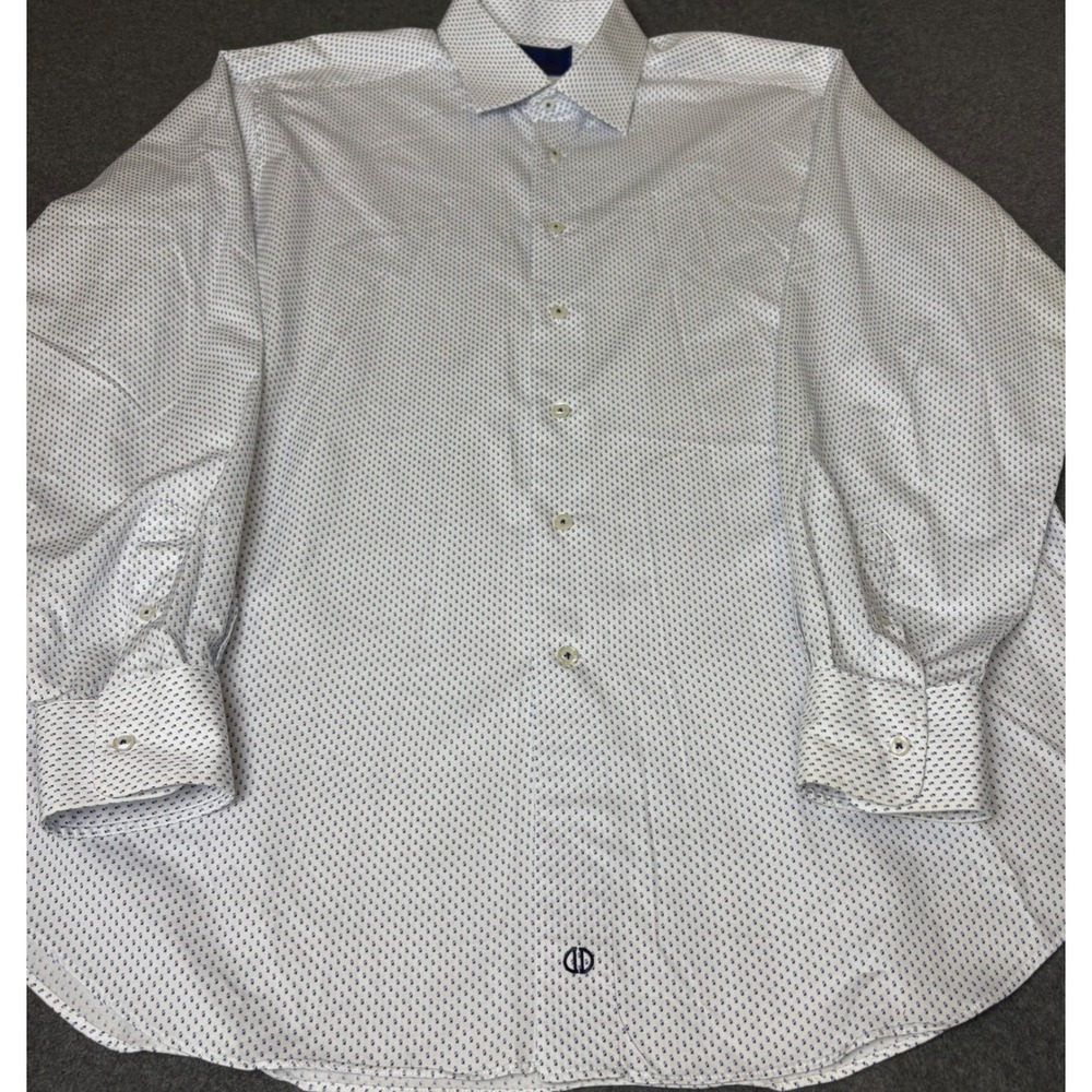 David Donahue Mens Blue White Geometric Print Cotton Dress Shirt 17.5 36/37